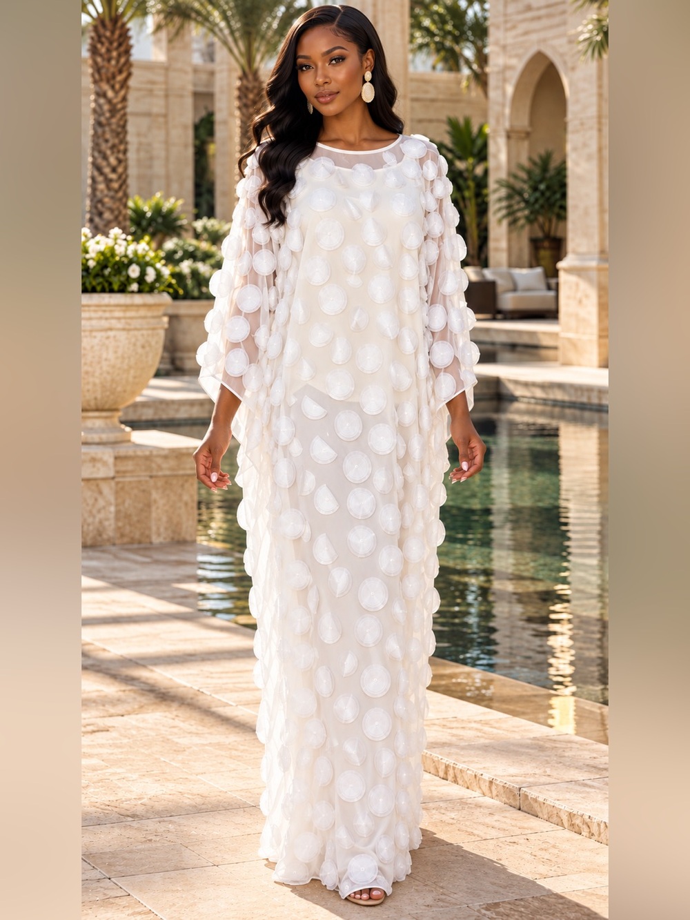 White Polyester Maxi Kaftan Cover-Up with 3D Floral Appliqués, One Size